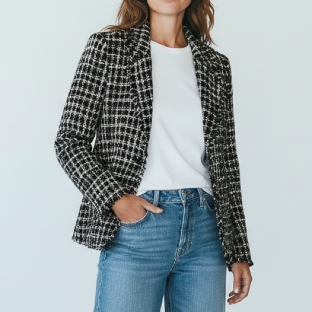 Silkland Black Cream Tweed Plaid Silk Suit Jacket blazer
Old Money classic